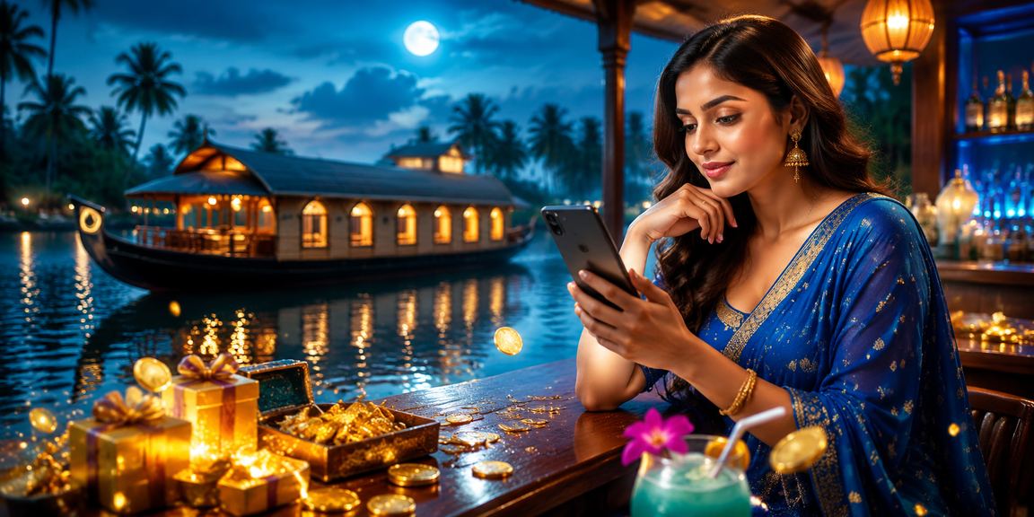 Player enjoying rummy card game on mobile device beside Kerala backwaters
